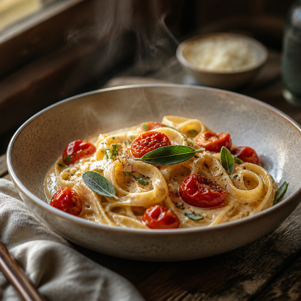 Assiette de pâtes fraîches à la sauge, tomates cerises confites et parmesan — recette signature C'est Moi Qui Régale
